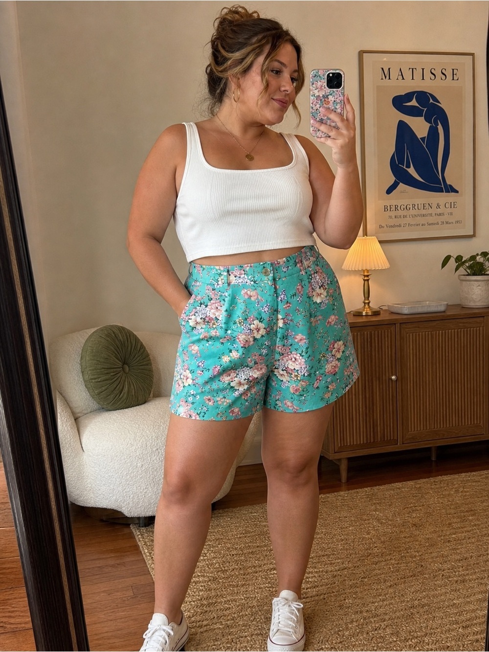 Vintage 90s Floral High Waist Shorts Cottagecore Aqua Print Size S